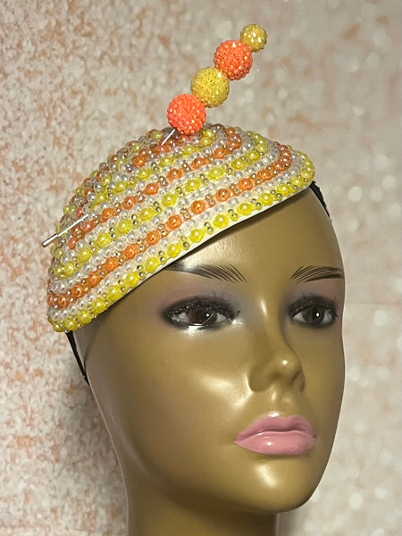 Orange and Yellow Bead Multicolor Fascinator | Teardrop Half Hat