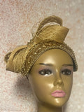 Gold Sequin Beaded Fascinator Half Hat with Bow and Veiling for Church, Tea Parties, Weddings and other special occasions