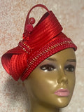 Red Beaded Satin Fascinator Half Hat for Church, Tea Parties, Weddings and other special occasions
