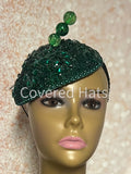 Green Rhinestone Bling Fascinator | Teardrop Half Hat for Church