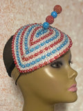 Red and Blue Beaded Teardrop Fascinator Half Hat, Church and Special Occasion Headpiece