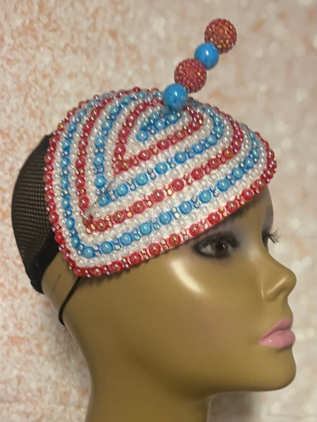 Red and Blue Beaded Teardrop Fascinator Half Hat, Church and Special Occasion Headpiece