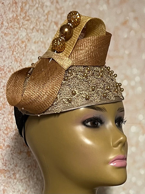 Gold Beaded Teardrop Fascinator Half Hat With Bow for Church, Tea Parties, Weddings and other special occasions