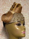 Gold Beaded Teardrop Fascinator Half Hat With Bow for Church, Tea Parties, Weddings and other special occasions