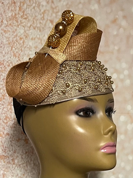 Gold Beaded Teardrop Fascinator Half Hat With Bow for Church, Tea Parties, Weddings and other special occasions