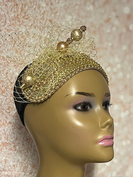 Gold Bead and Rhinestone Headband-Shaped Fascinator Half Hat for Church, Tea Parties, Weddings and other special occasions