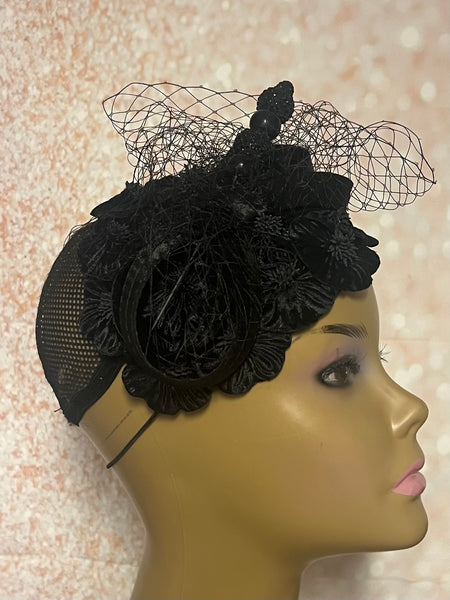 Black Satin Flower Petal Fascinator Half Hat, Weddings, Church, Tea Parties, and other Special Occasions
