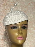 White Beaded Pearl Button Half Hat Fascinator for weddings, church and special occasions, Gift for Mom, Sister, Wife, Her