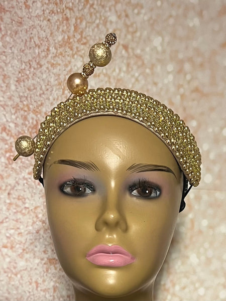 Gold Bead and Rhinestone Headband-Shaped Fascinator Half Hat for Church, Tea Parties, Weddings and other special occasions
