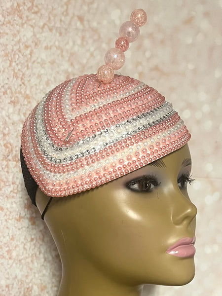 Peach Pink Beaded Hat for Church, Wedding, Tea Parties and special occasions