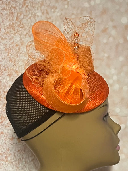 Orange Sinamay Button Half Hat Fascinator for Church Head Covering, Wedding, Tea Party, Mother of the Bride, and Other Special Occasions