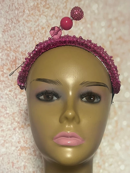 Fuchsia Pink Crystal Sequin Beaded Headband Hat | Pink Fascinator Hat for Church, Wedding, Tea Party