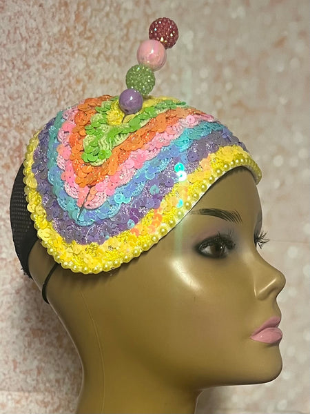 Yellow Pink Green Blue Lavender Orange Multicolor Sequin Teardrop Fascinator Hat, For Church, Tea Party, Wedding and other special occasions