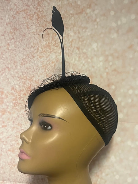 Black Beaded Satin Teardrop Fascinator Half Hat for church, weddings, and other special occasions