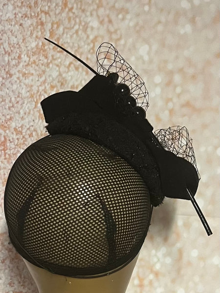Black Tweed and Felt Fascinator Half Hat for Church Head Covering, Tea Party, Wedding and Other Special Occasions