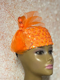 Orange Sequin Pillbox Hat Fascinator for Church Head Covering, Wedding, Tea Party, Mother of the Bride, and Other Special Occasions