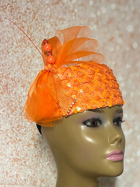 Orange Sequin Pillbox Hat Fascinator for Church Head Covering, Wedding, Tea Party, Mother of the Bride, and Other Special Occasions