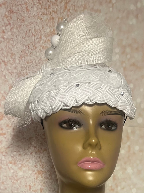 White Braided Sinamay Bow Fascinator Half Hat for Church Head Covering, Tea Parties and Other Special Occasions