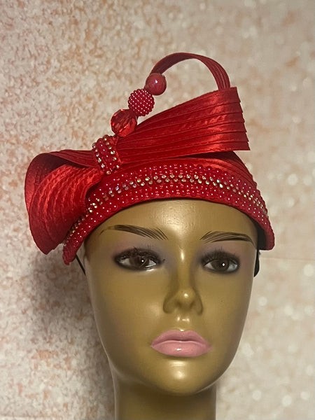 Red Beaded Satin Fascinator Half Hat for Church, Tea Parties, Weddings and other special occasions