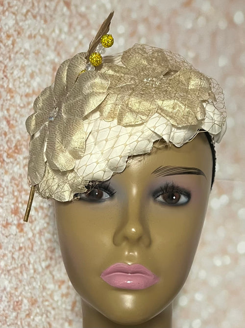 Flower Fascinator Half Hat in Gold and Cream, Weddings, Church, Head Covering, Tea Parties, Special Occasions