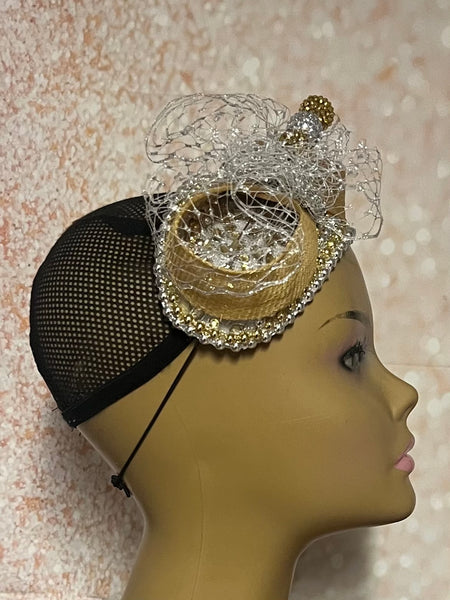 Gold and Silver Beaded Headband-Shaped Fascinator Half Hat for Church, Tea Parties, Weddings and other special occasions