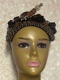 Brown Flower Beaded Rhinestones Headband-Shaped Fascinator Half Hat for Church, Tea Parties, Weddings and other special occasions