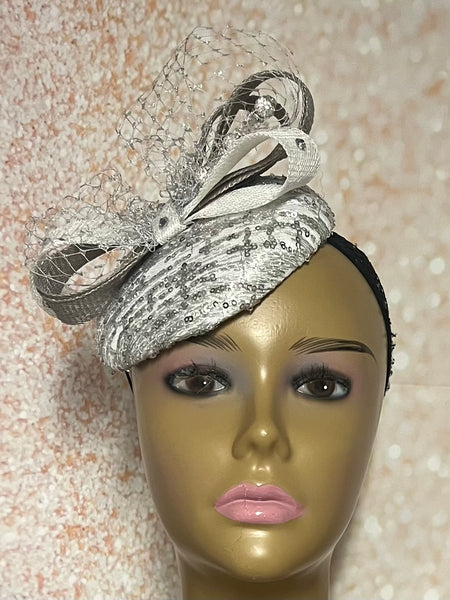 Silver and White Sequin Disc Shiny Bling Fascinator Half Hat for Church, Tea Parties, Weddings and other special occasions