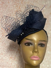 Navy Blue Sinamay Bling Teardrop Half Hat Fascinator for Church Head Covering, Tea Parties, Weddings and Special Occasions