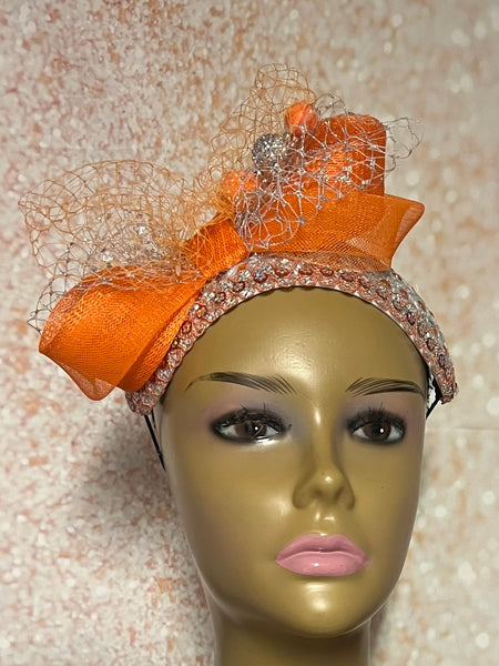 Silver and Orange Headband Half Hat Fascinator for Church Head Covering, Wedding, Tea Party, Mother of the Bride, and Other Special Occasion