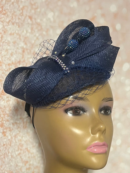 Navy Blue Sinamay Teardrop Half Hat Fascinator for Church Head Covering, Tea Parties, Weddings and Special Occasions