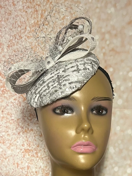 Silver and White Sequin Disc Shiny Bling Fascinator Half Hat for Church, Tea Parties, Weddings and other special occasions