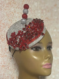 Red and Silver Rhinestone Bling Fascinator Half Hat for Church, Tea Party, Weddings and Special Occasions