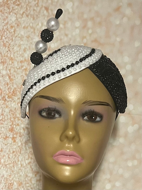 Black and white Beaded Half Hat Fascinator for weddings, church and special occasions, Gift for Mom, Sister, Wife, Her