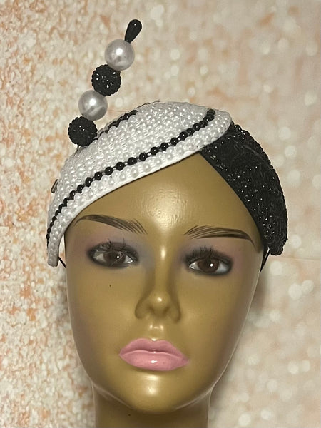 Black and white Beaded Half Hat Fascinator for weddings, church and special occasions, Gift for Mom, Sister, Wife, Her