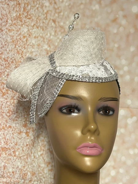 White Embroidered Lace Edge Full Hat Fascinator for weddings, church, tea parties and special occasions