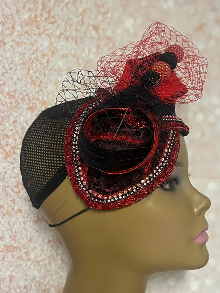 Red Black Double Cup Half Hat Fascinator for weddings, church and special occasions, Gift for Mom, Sister, Wife, Her