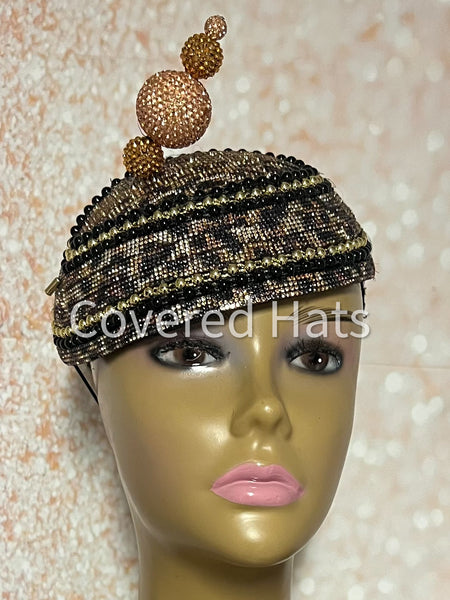 Leopard Print Rhinestone Fascinator, Half Hat for Church and Special Occasions