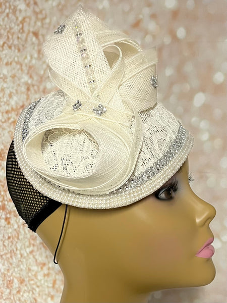 Cream/Off White Lace Fascinator Half Hat, Church Head Covering, Tea Parties, Weddings