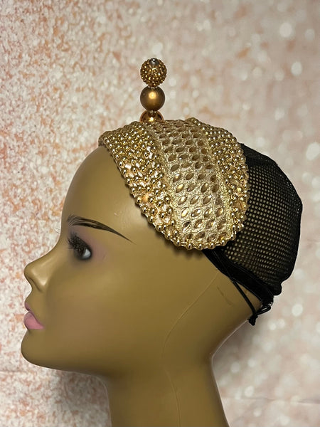 Bronze/Gold Beaded Headband-Shaped Fascinator Half Hat for Church, Tea Parties, Weddings and other special occasions