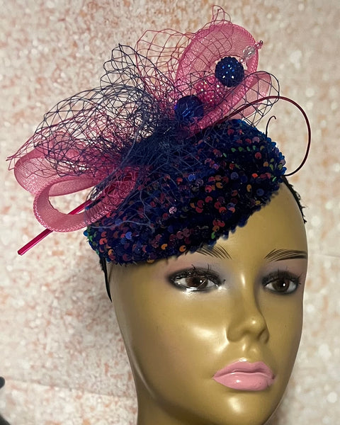 Pink and blue sequins and Rhinestones hat for Church, Wedding, Mother of the Bride, Head Covering, Tea Parties and other special occasions