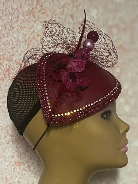 Burgundy Teardrop Flower Fascinator Half Hat for Church, Weddings and other special occasions