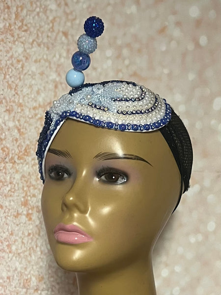 Beaded Double Teardrop Fascinator Hat, Royal Blue, Light Blue, Special Occasion Headwear