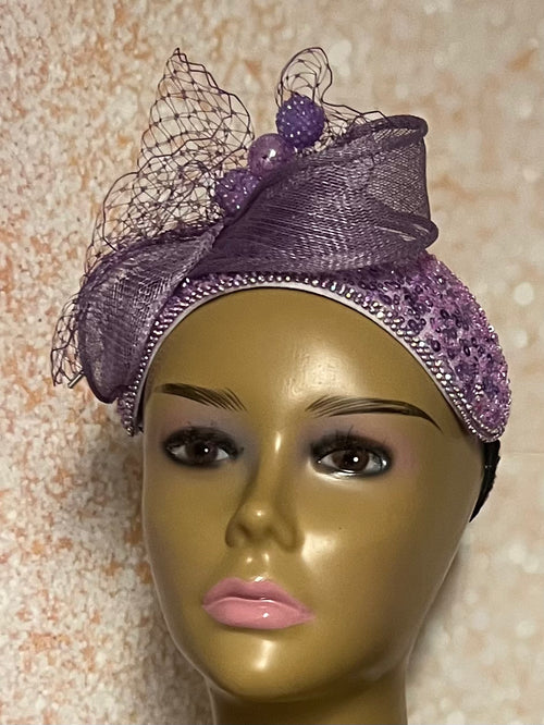 Lavender Beaded Sequin Headband Three Quarter Hat: Church Wedding Head Covering