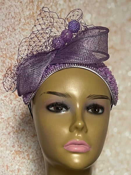 Lavender Beaded Sequin Headband Three Quarter Hat: Church Wedding Head Covering