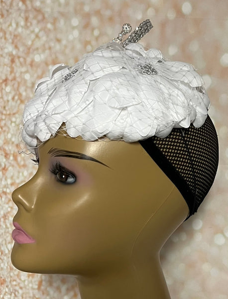 White Flower Fascinator Half Hat, Weddings, Church, Tea Parties, and other Special Occasions