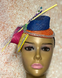 Yellow and Orange Multicolor Sinamay Fascinator Half Hat, Church Head Covering, Headwear, Tea Parties Weddings and other special occasions