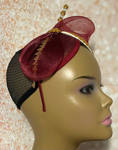 Burgundy and Gold Sequin Double Teardrop Fascinator Half Hat for Church, Wedding, Tea Party, and Other Special Occasions, Fall Hat