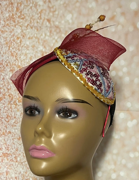 Burgundy and Gold Sequin Double Teardrop Fascinator Half Hat for Church, Wedding, Tea Party, and Other Special Occasions, Fall Hat