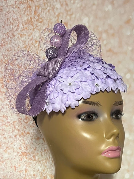 Lavender Mini Flower Fascinator Half Hat, Weddings, Church, Head Covering, Tea Parties, Special Occasions