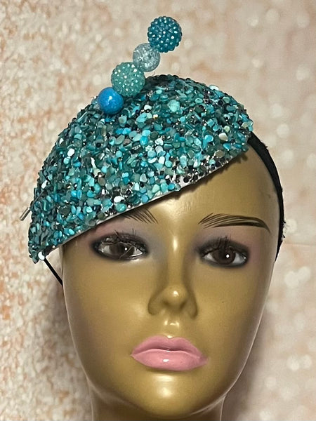 Turquoise Crystal Rhinestone Beaded Fascinator Half Hat, Church Head Covering, Headwear, Tea Parties Weddings and other special occasions